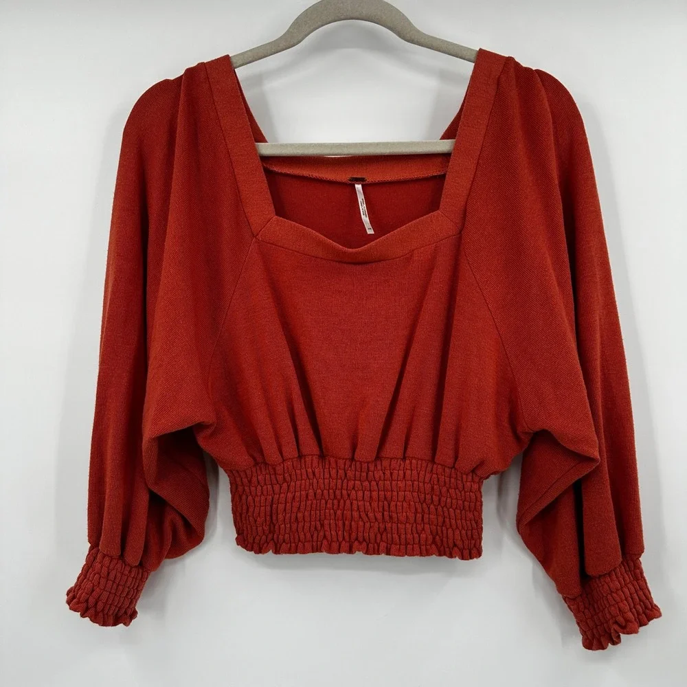 Free People Smocked Balloon Sleeve Square Neck‎ Crop Top Rust Orange XS Earthy